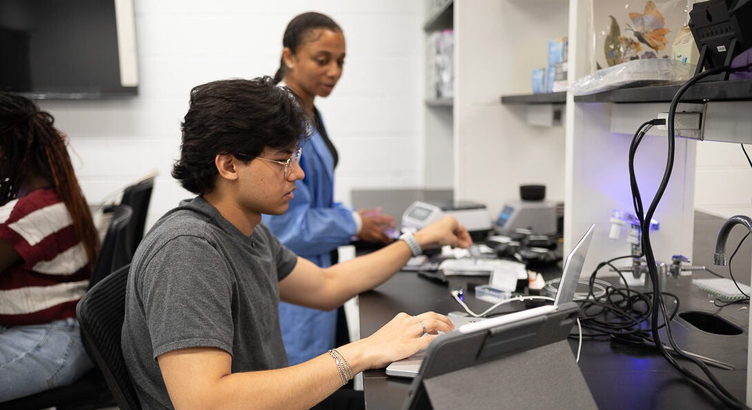 Students typing on computers and wearing scrubs